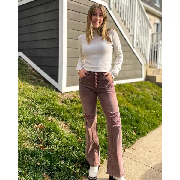 GRAPENT Ripped Jeans for Women High Waist Stretchy Button Fly Denim Flare Wide Leg Distressed Jean Pants Baggy JeansPecan Brown