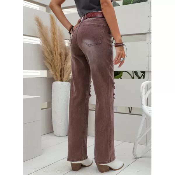 GRAPENT Ripped Jeans for Women High Waist Stretchy Button Fly Denim Flare Wide Leg Distressed Jean Pants Baggy JeansPecan Brown