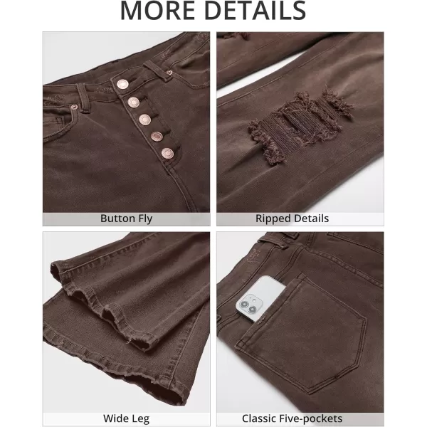 GRAPENT Ripped Jeans for Women High Waist Stretchy Button Fly Denim Flare Wide Leg Distressed Jean Pants Baggy JeansPecan Brown