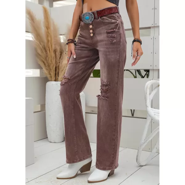 GRAPENT Ripped Jeans for Women High Waist Stretchy Button Fly Denim Flare Wide Leg Distressed Jean Pants Baggy JeansPecan Brown