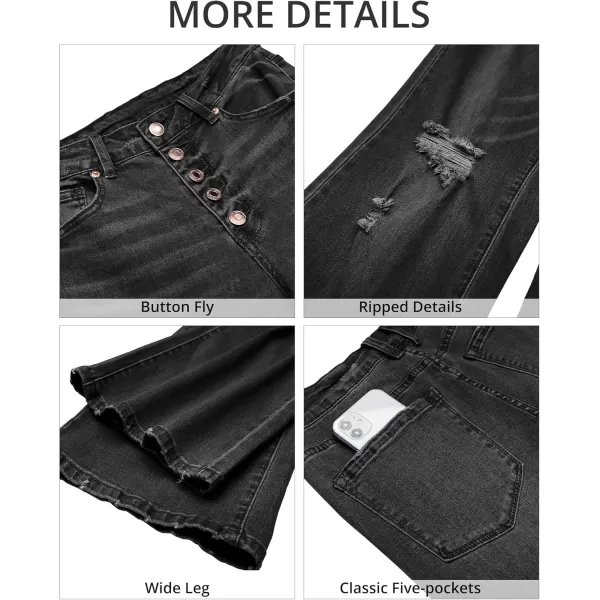 GRAPENT Ripped Jeans for Women High Waist Stretchy Button Fly Denim Flare Wide Leg Distressed Jean Pants Baggy JeansSoft Black