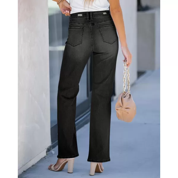 GRAPENT Ripped Jeans for Women High Waist Stretchy Button Fly Denim Flare Wide Leg Distressed Jean Pants Baggy JeansSoft Black