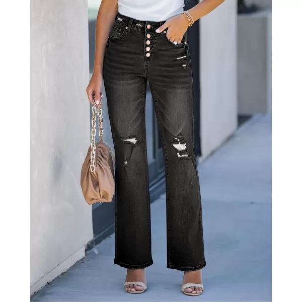 GRAPENT Ripped Jeans for Women High Waist Stretchy Button Fly Denim Flare Wide Leg Distressed Jean Pants Baggy JeansSoft Black