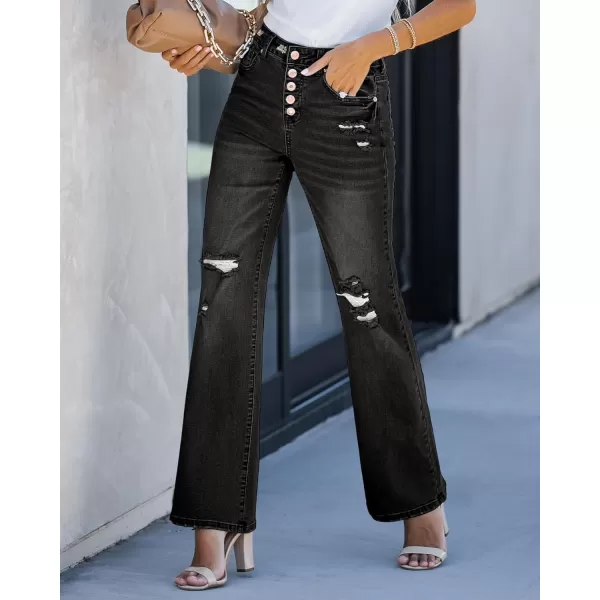 GRAPENT Ripped Jeans for Women High Waist Stretchy Button Fly Denim Flare Wide Leg Distressed Jean Pants Baggy JeansSoft Black