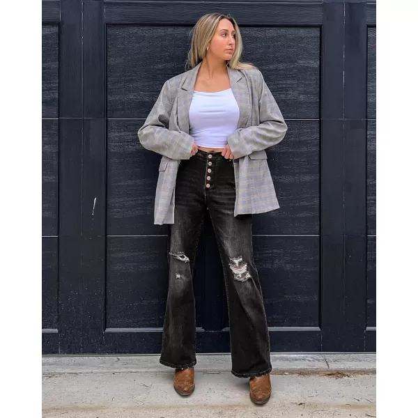 GRAPENT Ripped Jeans for Women High Waist Stretchy Button Fly Denim Flare Wide Leg Distressed Jean Pants Baggy JeansSoft Black