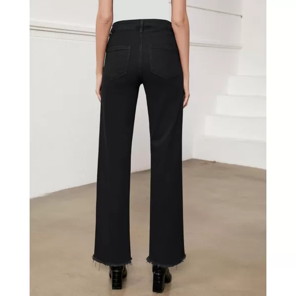 GRAPENT Straight Leg Jeans for Women High Waisted Stretchy Frayed Raw Hem Loose Denim Pants Casual Baggy Jean TrousersAlways Black