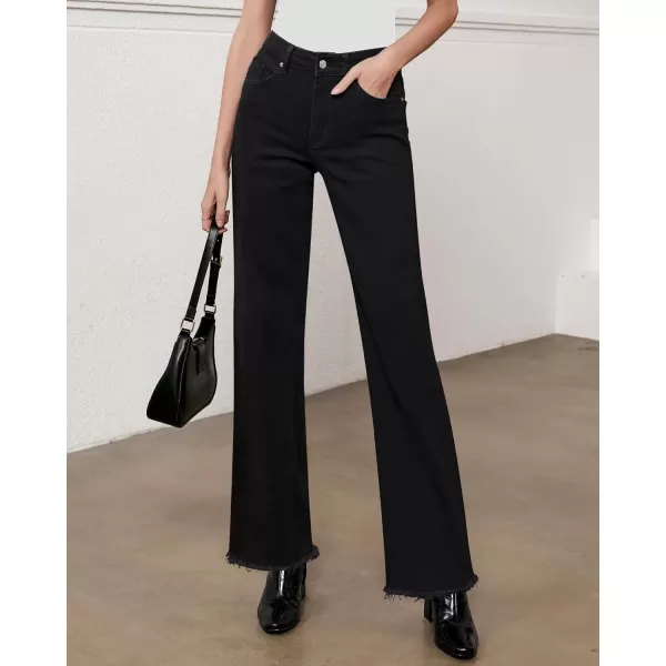 GRAPENT Straight Leg Jeans for Women High Waisted Stretchy Frayed Raw Hem Loose Denim Pants Casual Baggy Jean TrousersAlways Black