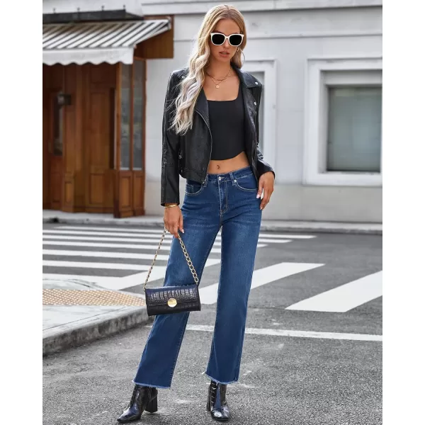 GRAPENT Straight Leg Jeans for Women High Waisted Stretchy Frayed Raw Hem Loose Denim Pants Casual Baggy Jean TrousersClassic Blue