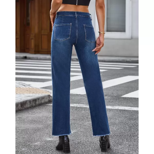 GRAPENT Straight Leg Jeans for Women High Waisted Stretchy Frayed Raw Hem Loose Denim Pants Casual Baggy Jean TrousersClassic Blue