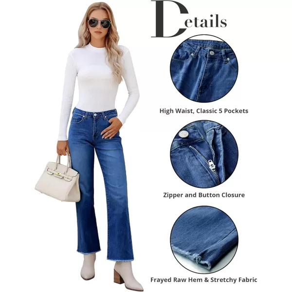 GRAPENT Straight Leg Jeans for Women High Waisted Stretchy Frayed Raw Hem Loose Denim Pants Casual Baggy Jean TrousersClassic Blue