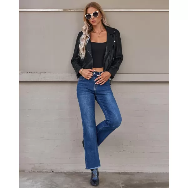 GRAPENT Straight Leg Jeans for Women High Waisted Stretchy Frayed Raw Hem Loose Denim Pants Casual Baggy Jean TrousersClassic Blue