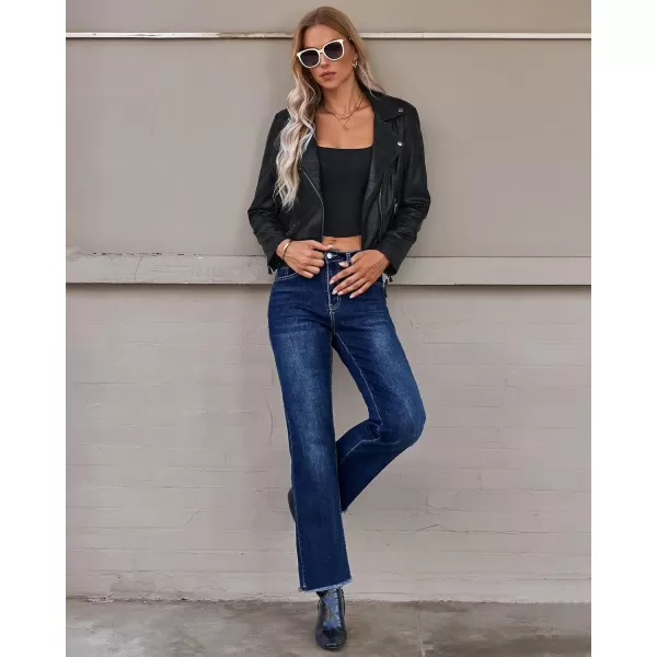 GRAPENT Straight Leg Jeans for Women High Waisted Stretchy Frayed Raw Hem Loose Denim Pants Casual Baggy Jean TrousersDark Blue