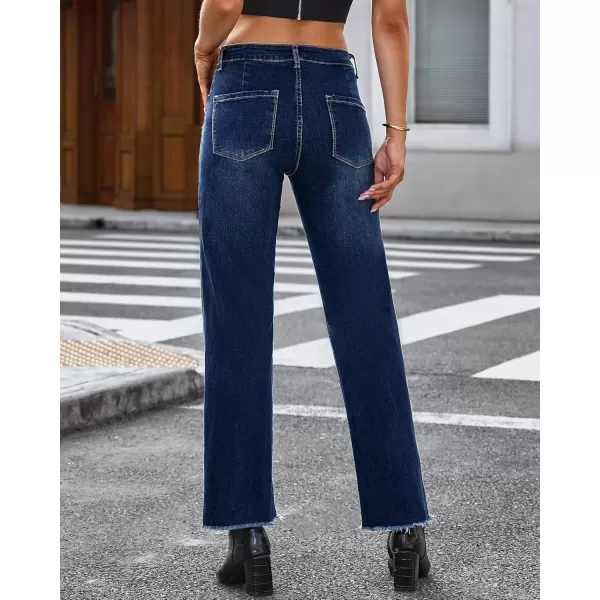 GRAPENT Straight Leg Jeans for Women High Waisted Stretchy Frayed Raw Hem Loose Denim Pants Casual Baggy Jean TrousersDark Blue