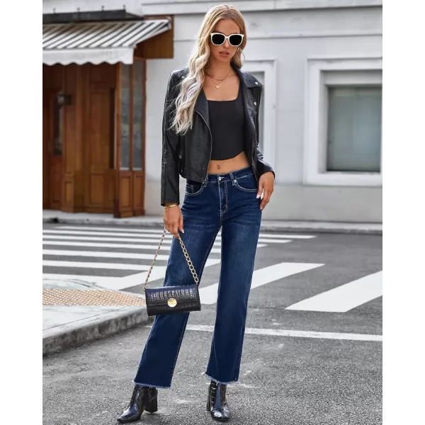 GRAPENT Straight Leg Jeans for Women High Waisted Stretchy Frayed Raw Hem Loose Denim Pants Casual Baggy Jean TrousersDark Blue
