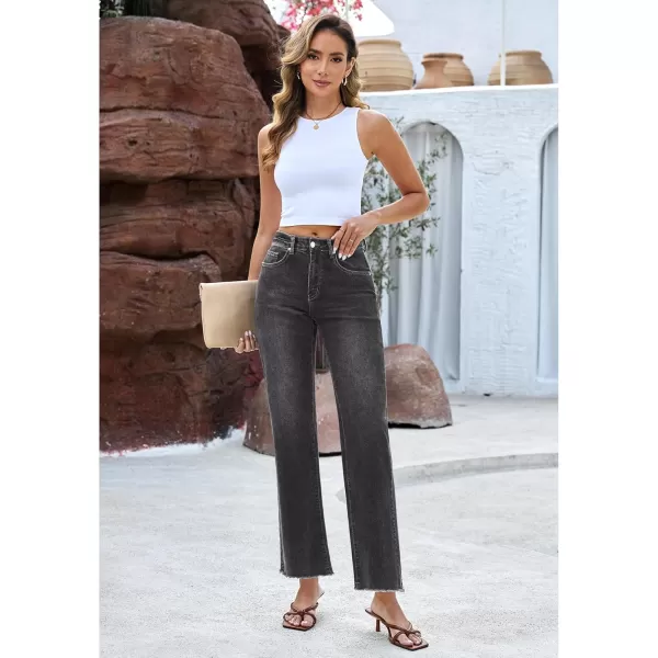 GRAPENT Straight Leg Jeans for Women High Waisted Stretchy Frayed Raw Hem Loose Denim Pants Casual Baggy Jean TrousersDark Gray