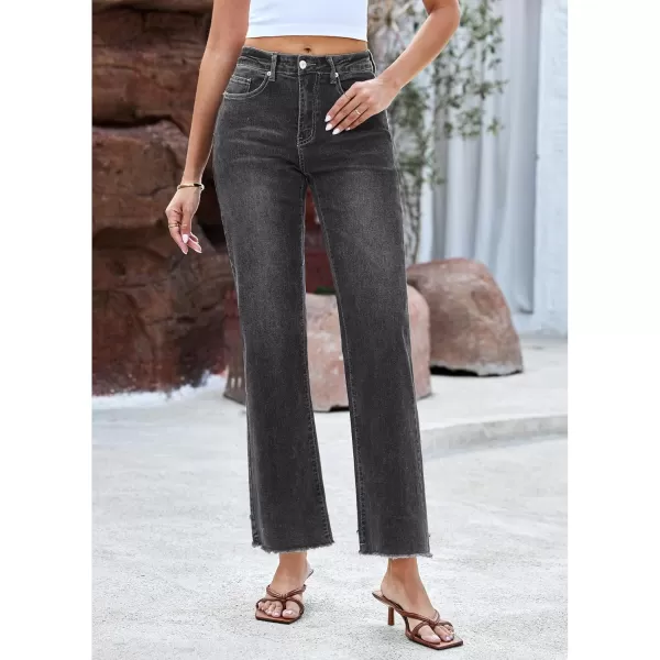 GRAPENT Straight Leg Jeans for Women High Waisted Stretchy Frayed Raw Hem Loose Denim Pants Casual Baggy Jean TrousersDark Gray