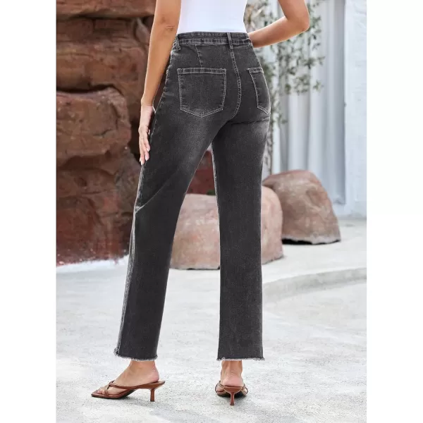 GRAPENT Straight Leg Jeans for Women High Waisted Stretchy Frayed Raw Hem Loose Denim Pants Casual Baggy Jean TrousersDark Gray