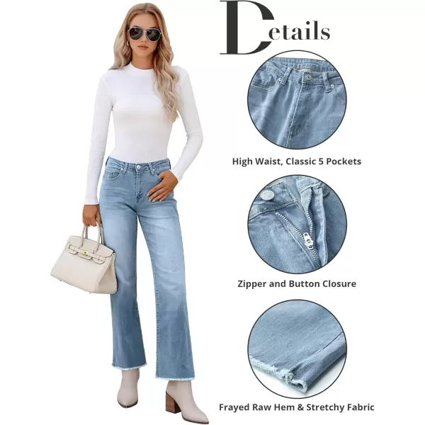 GRAPENT Straight Leg Jeans for Women High Waisted Stretchy Frayed Raw Hem Loose Denim Pants Casual Baggy Jean TrousersIce Blue