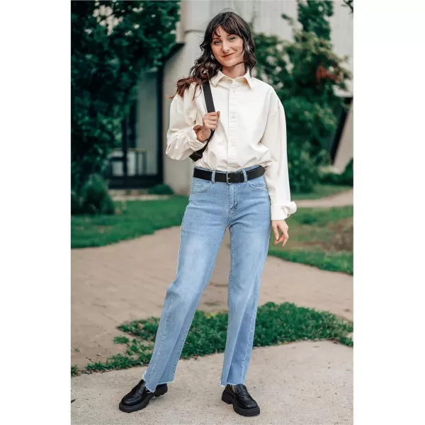 GRAPENT Straight Leg Jeans for Women High Waisted Stretchy Frayed Raw Hem Loose Denim Pants Casual Baggy Jean TrousersIce Blue