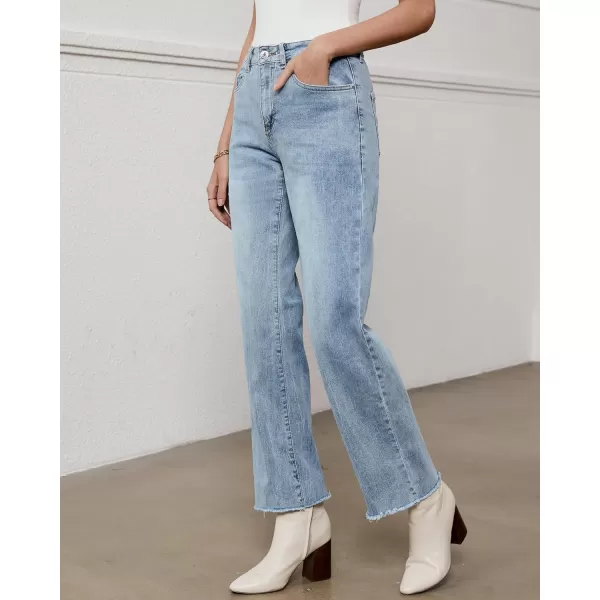 GRAPENT Straight Leg Jeans for Women High Waisted Stretchy Frayed Raw Hem Loose Denim Pants Casual Baggy Jean TrousersIce Blue