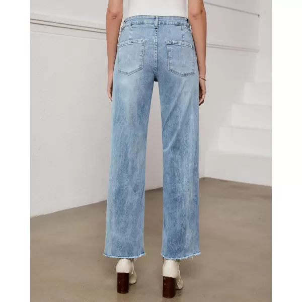 GRAPENT Straight Leg Jeans for Women High Waisted Stretchy Frayed Raw Hem Loose Denim Pants Casual Baggy Jean TrousersIce Blue