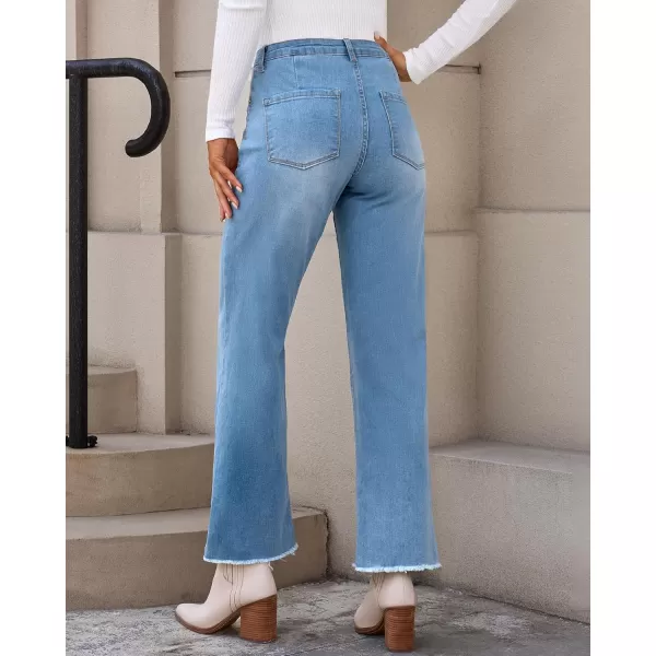 GRAPENT Straight Leg Jeans for Women High Waisted Stretchy Frayed Raw Hem Loose Denim Pants Casual Baggy Jean TrousersMedium Blue