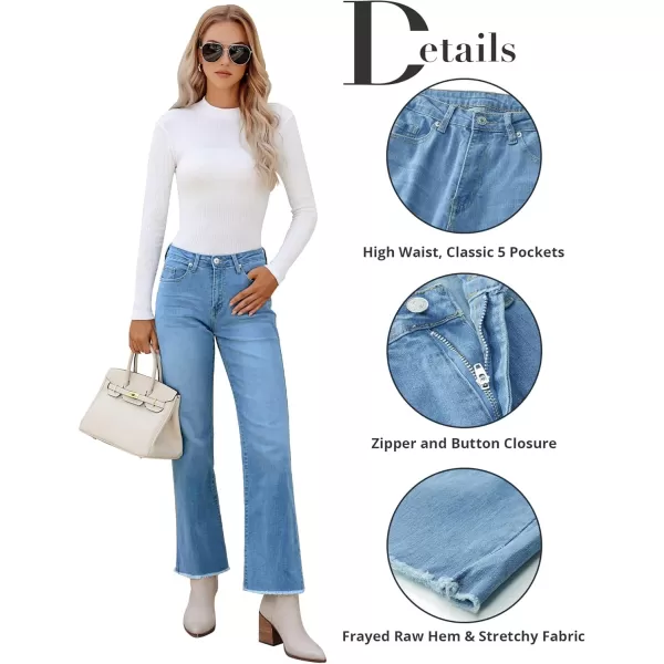 GRAPENT Straight Leg Jeans for Women High Waisted Stretchy Frayed Raw Hem Loose Denim Pants Casual Baggy Jean TrousersMedium Blue