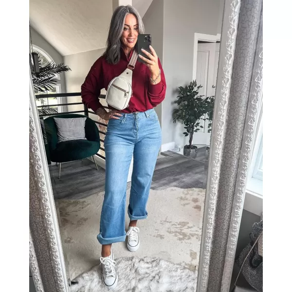 GRAPENT Straight Leg Jeans for Women High Waisted Stretchy Frayed Raw Hem Loose Denim Pants Casual Baggy Jean TrousersMedium Blue