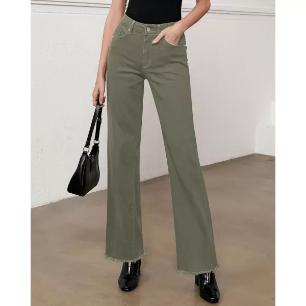 GRAPENT Straight Leg Jeans for Women High Waisted Stretchy Frayed Raw Hem Loose Denim Pants Casual Baggy Jean TrousersOlive Green