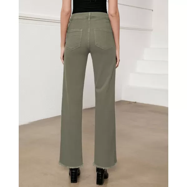 GRAPENT Straight Leg Jeans for Women High Waisted Stretchy Frayed Raw Hem Loose Denim Pants Casual Baggy Jean TrousersOlive Green