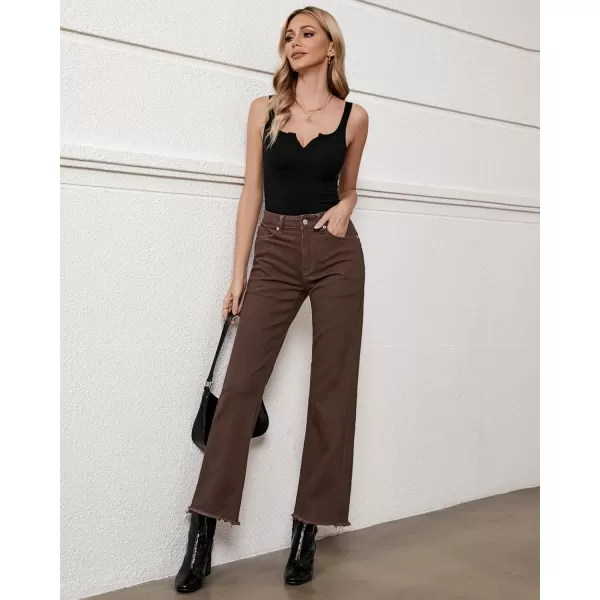 GRAPENT Straight Leg Jeans for Women High Waisted Stretchy Frayed Raw Hem Loose Denim Pants Casual Baggy Jean TrousersPecan Brown