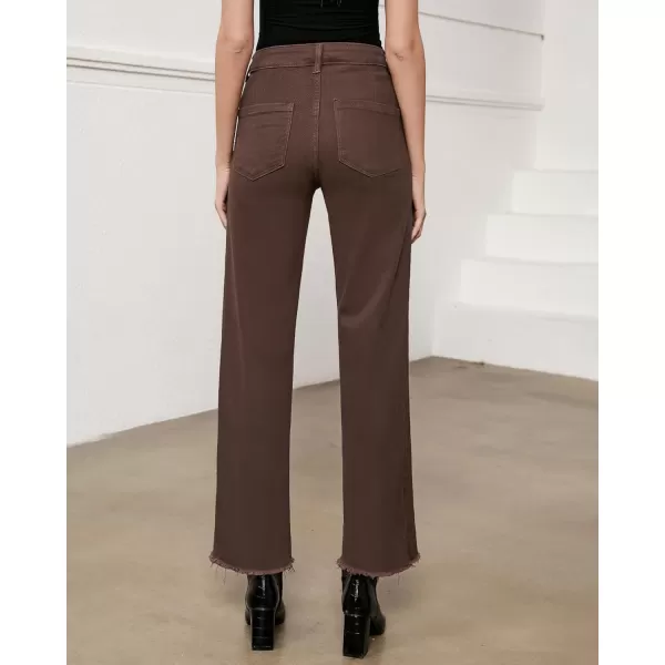 GRAPENT Straight Leg Jeans for Women High Waisted Stretchy Frayed Raw Hem Loose Denim Pants Casual Baggy Jean TrousersPecan Brown