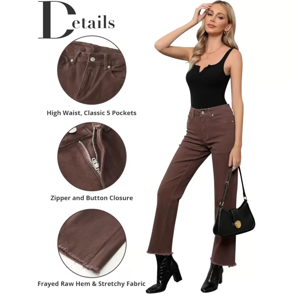 GRAPENT Straight Leg Jeans for Women High Waisted Stretchy Frayed Raw Hem Loose Denim Pants Casual Baggy Jean TrousersPecan Brown