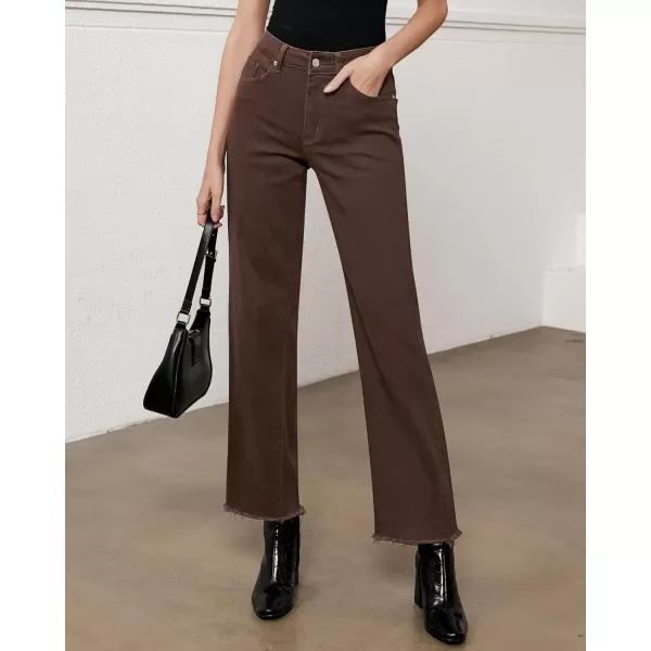 GRAPENT Straight Leg Jeans for Women High Waisted Stretchy Frayed Raw Hem Loose Denim Pants Casual Baggy Jean TrousersPecan Brown