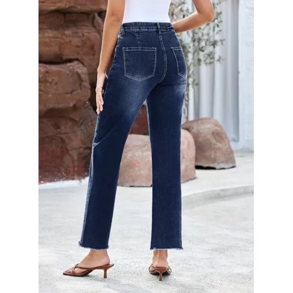 GRAPENT Straight Leg Jeans for Women High Waisted Stretchy Frayed Raw Hem Loose Denim Pants Casual Baggy Jean TrousersVintage Dark Blue