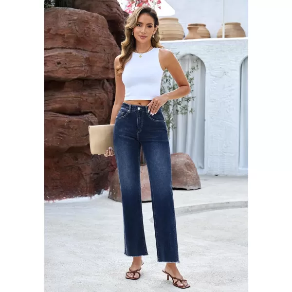 GRAPENT Straight Leg Jeans for Women High Waisted Stretchy Frayed Raw Hem Loose Denim Pants Casual Baggy Jean TrousersVintage Dark Blue