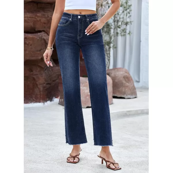 GRAPENT Straight Leg Jeans for Women High Waisted Stretchy Frayed Raw Hem Loose Denim Pants Casual Baggy Jean TrousersVintage Dark Blue