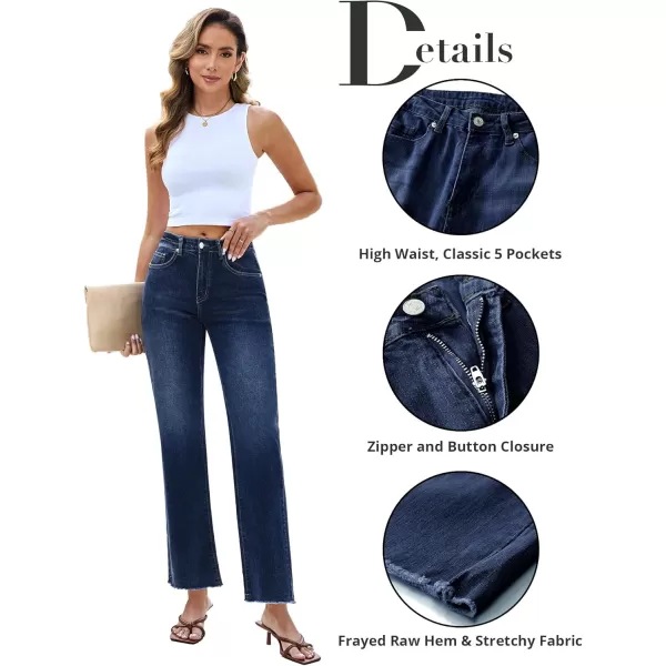 GRAPENT Straight Leg Jeans for Women High Waisted Stretchy Frayed Raw Hem Loose Denim Pants Casual Baggy Jean TrousersVintage Dark Blue