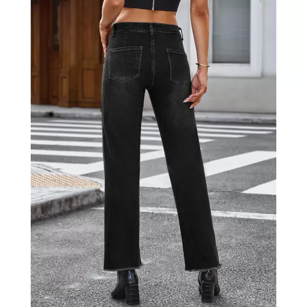 GRAPENT Straight Leg Jeans for Women High Waisted Stretchy Frayed Raw Hem Loose Denim Pants Casual Baggy Jean TrousersWashed Black