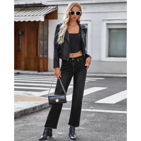 GRAPENT Straight Leg Jeans for Women High Waisted Stretchy Frayed Raw Hem Loose Denim Pants Casual Baggy Jean TrousersWashed Black