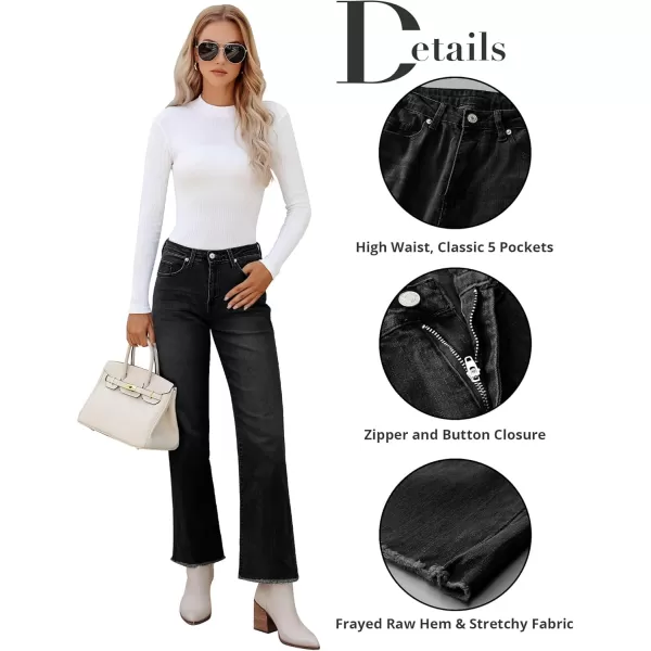 GRAPENT Straight Leg Jeans for Women High Waisted Stretchy Frayed Raw Hem Loose Denim Pants Casual Baggy Jean TrousersWashed Black