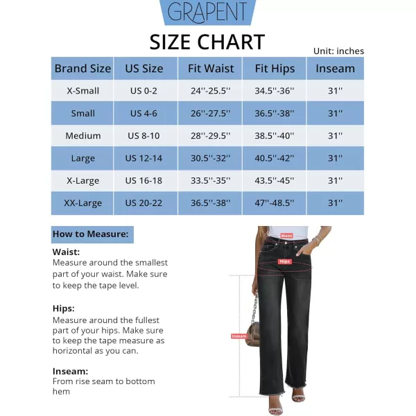 GRAPENT Straight Leg Jeans for Women High Waisted Stretchy Frayed Raw Hem Loose Denim Pants Casual Baggy Jean TrousersWashed Black