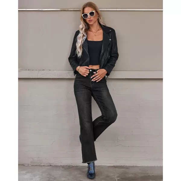 GRAPENT Straight Leg Jeans for Women High Waisted Stretchy Frayed Raw Hem Loose Denim Pants Casual Baggy Jean TrousersWashed Black