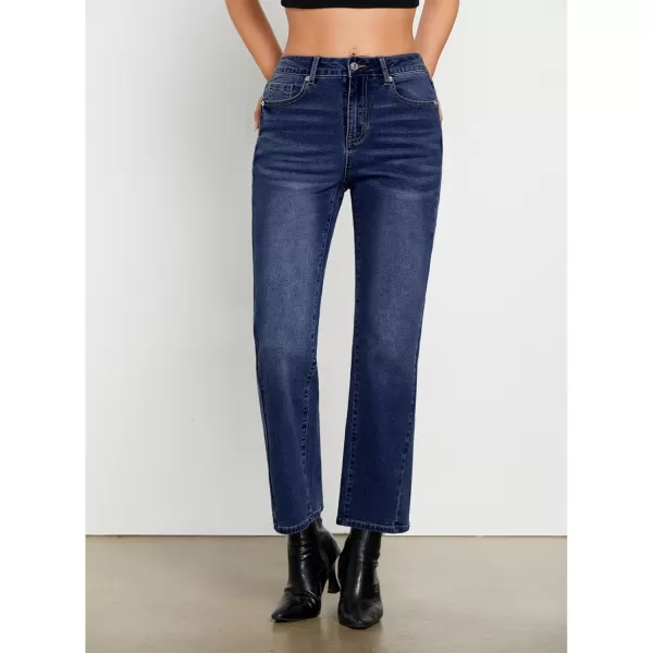 GRAPENT Straight Leg Jeans for Women High Waisted Trendy Ankle Length Forward Seams Stretchy Denim Pants Baggy JeansDark Blue