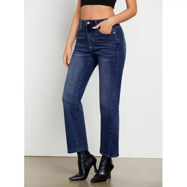 GRAPENT Straight Leg Jeans for Women High Waisted Trendy Ankle Length Forward Seams Stretchy Denim Pants Baggy JeansDark Blue