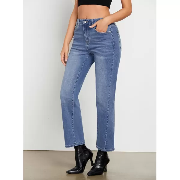 GRAPENT Straight Leg Jeans for Women High Waisted Trendy Ankle Length Forward Seams Stretchy Denim Pants Baggy JeansMedium Blue