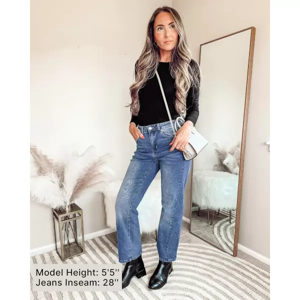 GRAPENT Straight Leg Jeans for Women High Waisted Trendy Ankle Length Forward Seams Stretchy Denim Pants Baggy JeansMedium Blue