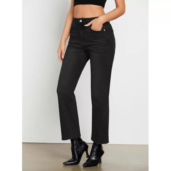 GRAPENT Straight Leg Jeans for Women High Waisted Trendy Ankle Length Forward Seams Stretchy Denim Pants Baggy JeansWashed Black