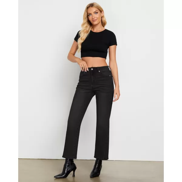 GRAPENT Straight Leg Jeans for Women High Waisted Trendy Ankle Length Forward Seams Stretchy Denim Pants Baggy JeansWashed Black