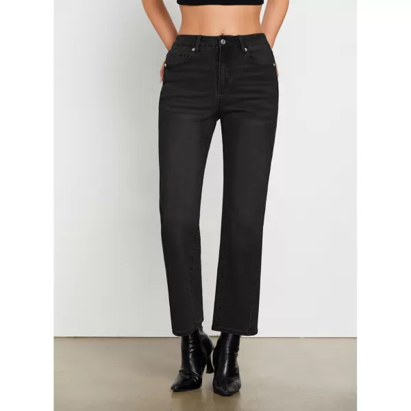 GRAPENT Straight Leg Jeans for Women High Waisted Trendy Ankle Length Forward Seams Stretchy Denim Pants Baggy JeansWashed Black